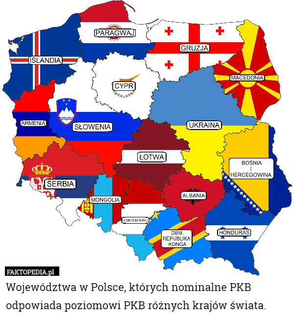 Województwa w Polsce, których nominalne PKB odpowiada poziomowi PKB różnych krajów świata. 