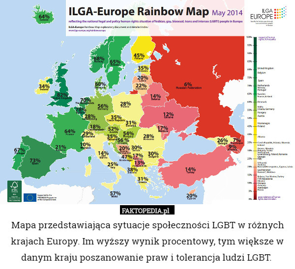Mapa przedstawiająca sytuacje społeczności LGBT w różnych krajach Europy. Im wyższy wynik procentowy, tym większe w danym kraju poszanowanie praw i tolerancja ludzi LGBT. 