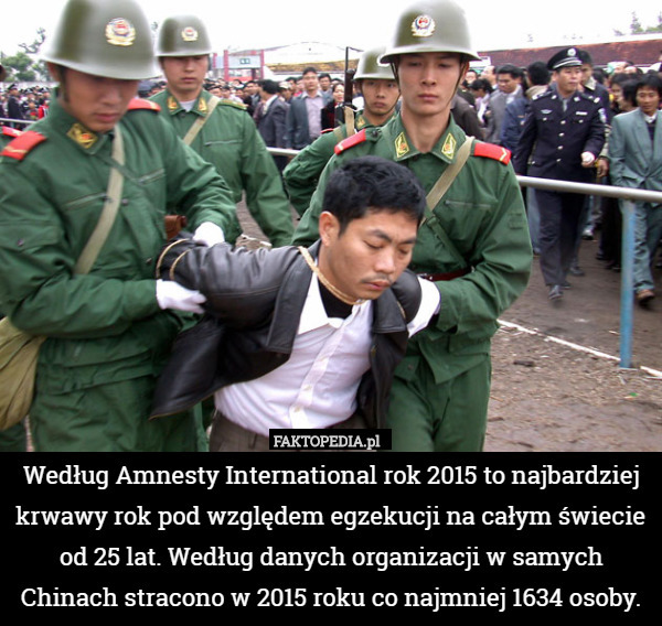 Według Amnesty International rok 2015 to najbardziej krwawy rok pod względem egzekucji na całym świecie od 25 lat. Według danych organizacji w samych Chinach stracono w 2015 roku co najmniej 1634 osoby. 