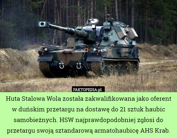 Huta Stalowa Wola została zakwalifikowana jako oferent w duńskim przetargu na dostawę do 21 sztuk haubic samobieżnych. HSW najprawdopodobniej zgłosi do przetargu swoją sztandarową armatohaubicę AHS Krab. 
