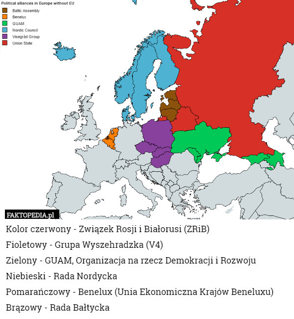 Kolor czerwony - Związek Rosji i Białorusi (ZRiB)
Fioletowy - Grupa Wyszehradzka (V4)
Zielony - GUAM, Organizacja na rzecz Demokracji i Rozwoju
Niebieski - Rada Nordycka
Pomarańczowy - Benelux (Unia Ekonomiczna Krajów Beneluxu)
Brązowy - Rada Bałtycka 