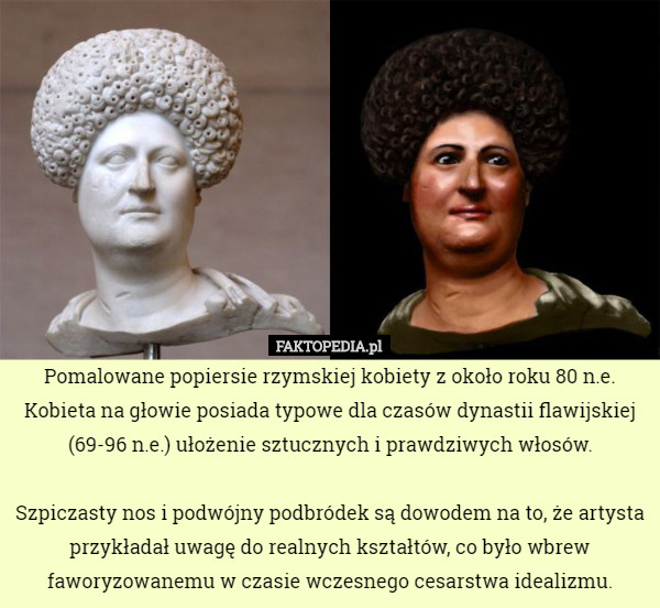 Pomalowane popiersie rzymskiej kobiety z około roku 80 n.e. Kobieta na głowie posiada typowe dla czasów dynastii flawijskiej (69-96 n.e.) ułożenie sztucznych i prawdziwych włosów.

 Szpiczasty nos i podwójny podbródek są dowodem na to, że artysta przykładał uwagę do realnych kształtów, co było wbrew faworyzowanemu w czasie wczesnego cesarstwa idealizmu. 