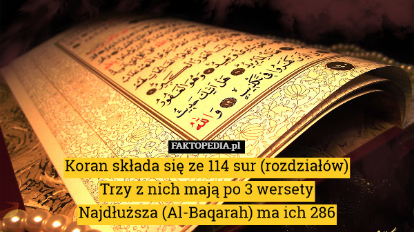 Koran składa się ze 114 sur (rozdziałów)
Trzy z nich mają po 3 wersety
Najdłuższa (Al-Baqarah) ma ich 286 