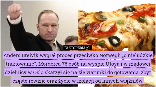 Anders Breivik wygrał proces przeciwko Norwegii „o nieludzkie traktowanie”. Morderca 76 osób na wyspie Utoya i w rządowej dzielnicy w Oslo skarżył się na złe warunki do gotowania, zbyt częste rewizje oraz życie w izolacji od innych więźniów. 