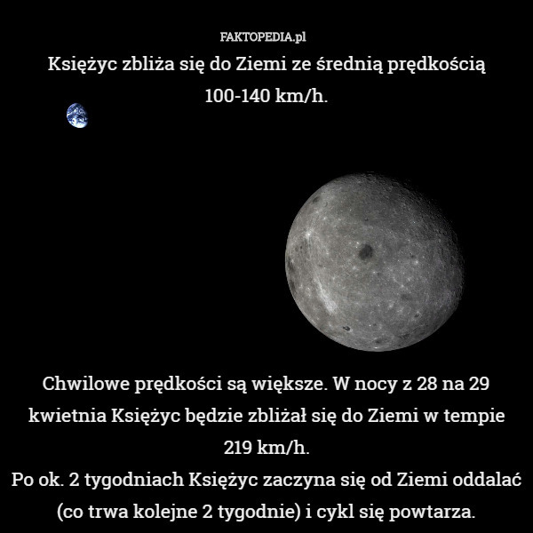Księżyc zbliża się do Ziemi ze średnią prędkością
 100-140 km/h.








Chwilowe prędkości są większe. W nocy z 28 na 29 kwietnia Księżyc będzie zbliżał się do Ziemi w tempie
219 km/h.
Po ok. 2 tygodniach Księżyc zaczyna się od Ziemi oddalać (co trwa kolejne 2 tygodnie) i cykl się powtarza. 