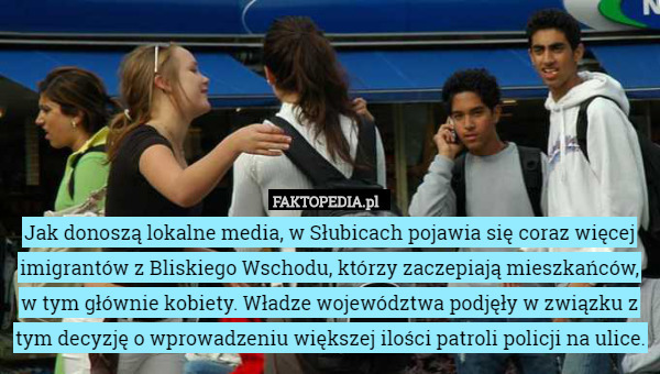 Jak donoszą lokalne media, w Słubicach pojawia się coraz więcej imigrantów z Bliskiego Wschodu, którzy zaczepiają mieszkańców, w tym głównie kobiety. Władze województwa podjęły w związku z tym decyzję o wprowadzeniu większej ilości patroli policji na ulice. 