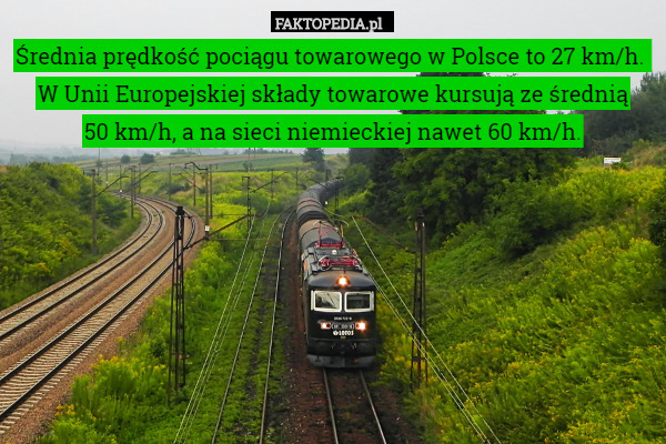 Średnia prędkość pociągu towarowego w Polsce to 27 km/h. 
W Unii Europejskiej składy towarowe kursują ze średnią
 50 km/h, a na sieci niemieckiej nawet 60 km/h. 