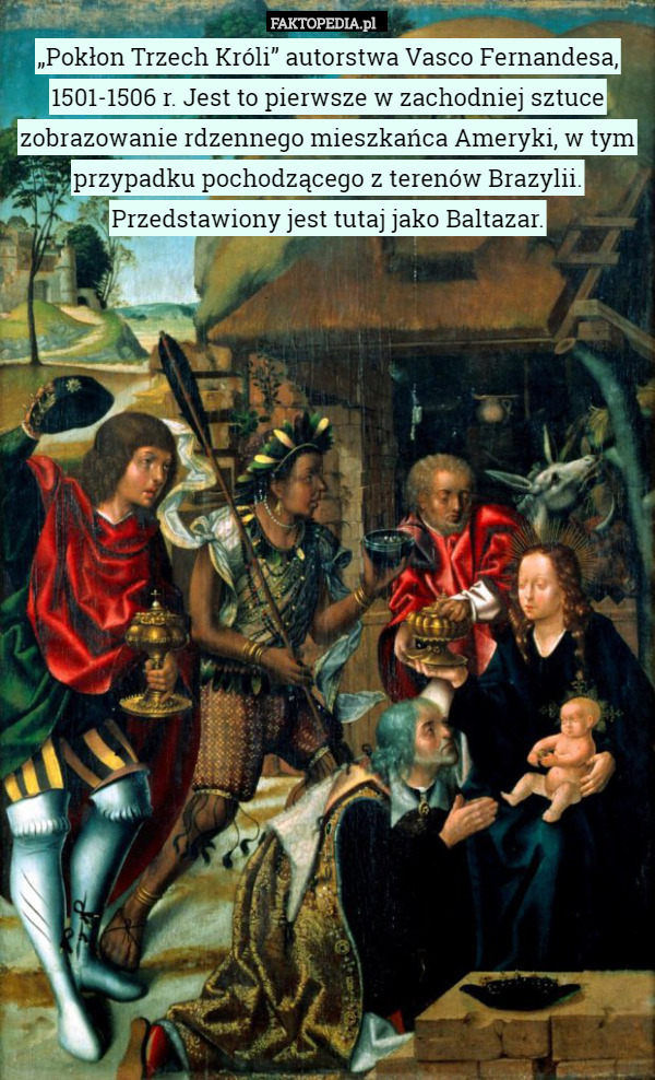 „Pokłon Trzech Króli” autorstwa Vasco Fernandesa, 1501-1506 r. Jest to pierwsze w zachodniej sztuce zobrazowanie rdzennego mieszkańca Ameryki, w tym przypadku pochodzącego z terenów Brazylii. Przedstawiony jest tutaj jako Baltazar. 