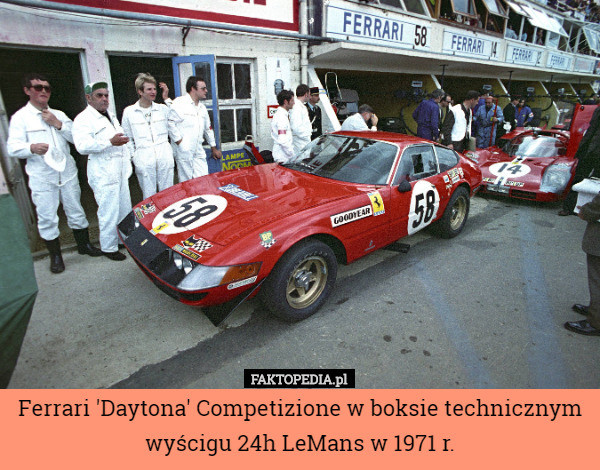 Ferrari 'Daytona' Competizione w boksie technicznym wyścigu 24h LeMans w 1971 r. 