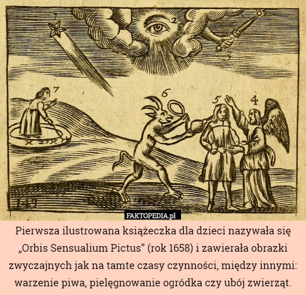 Pierwsza ilustrowana książeczka dla dzieci nazywała się „Orbis Sensualium Pictus” (rok 1658) i zawierała obrazki zwyczajnych jak na tamte czasy czynności, między innymi: warzenie piwa, pielęgnowanie ogródka czy ubój zwierząt. 