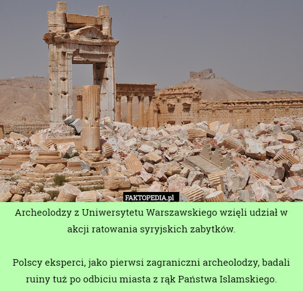 Archeolodzy z Uniwersytetu Warszawskiego wzięli udział w akcji ratowania syryjskich zabytków.

Polscy eksperci, jako pierwsi zagraniczni archeolodzy, badali ruiny tuż po odbiciu miasta z rąk Państwa Islamskiego. 