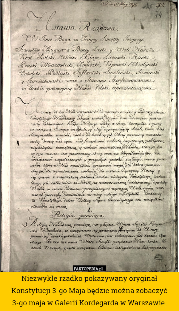 Niezwykle rzadko pokazywany oryginał Konstytucji 3-go Maja będzie można zobaczyć 3-go maja w Galerii Kordegarda w Warszawie. 