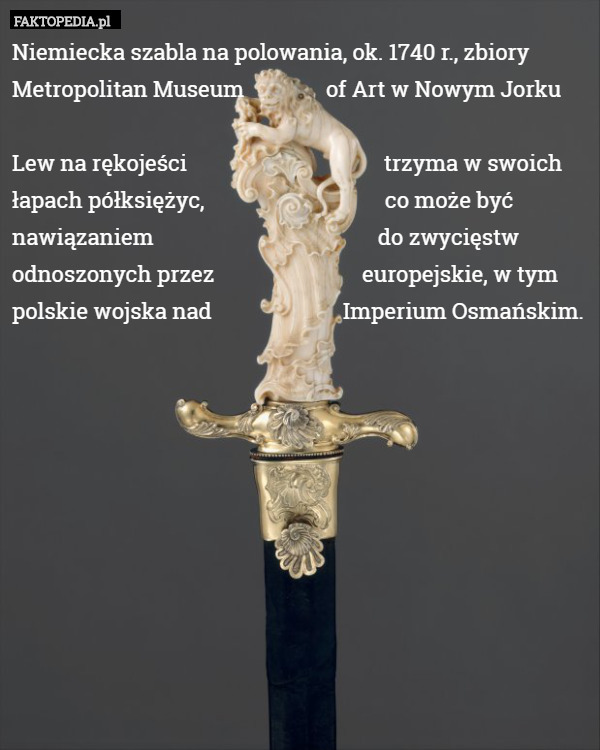 Niemiecka szabla na polowania, ok. 1740 r., zbiory Metropolitan Museum               of Art w Nowym Jorku

Lew na rękojeści                                    trzyma w swoich łapach półksiężyc,                                 co może być nawiązaniem                                         do zwycięstw odnoszonych przez                           europejskie, w tym polskie wojska nad                        Imperium Osmańskim. 