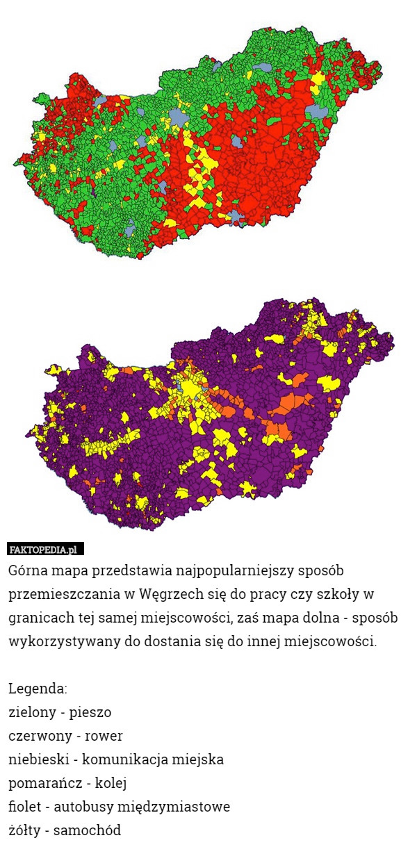 Górna mapa przedstawia najpopularniejszy sposób przemieszczania w Węgrzech się do pracy czy szkoły w granicach tej samej miejscowości, zaś mapa dolna - sposób wykorzystywany do dostania się do innej miejscowości. 

Legenda: 
zielony - pieszo
czerwony - rower
niebieski - komunikacja miejska
pomarańcz - kolej 
fiolet - autobusy międzymiastowe 
żółty - samochód 
