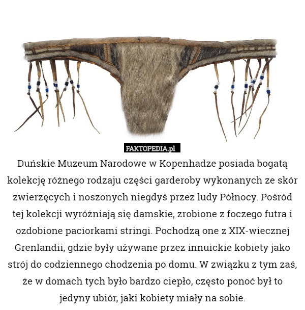 Duńskie Muzeum Narodowe w Kopenhadze posiada bogatą kolekcję różnego rodzaju części garderoby wykonanych ze skór zwierzęcych i noszonych niegdyś przez ludy Północy. Pośród tej kolekcji wyróżniają się damskie, zrobione z foczego futra i ozdobione paciorkami stringi. Pochodzą one z XIX-wiecznej Grenlandii, gdzie były używane przez innuickie kobiety jako strój do codziennego chodzenia po domu. W związku z tym zaś, że w domach tych było bardzo ciepło, często ponoć był to jedyny ubiór, jaki kobiety miały na sobie. 