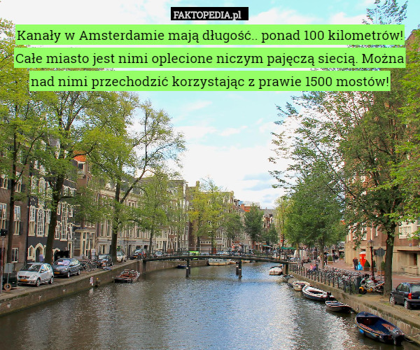 Kanały w Amsterdamie mają długość.. ponad 100 kilometrów! Całe miasto jest nimi oplecione niczym pajęczą siecią. Można nad nimi przechodzić korzystając z prawie 1500 mostów! 