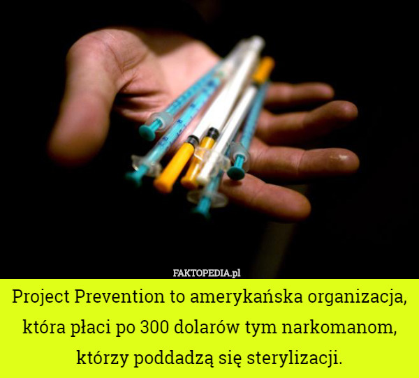 Project Prevention to amerykańska organizacja, która płaci po 300 dolarów tym narkomanom, którzy poddadzą się sterylizacji. 