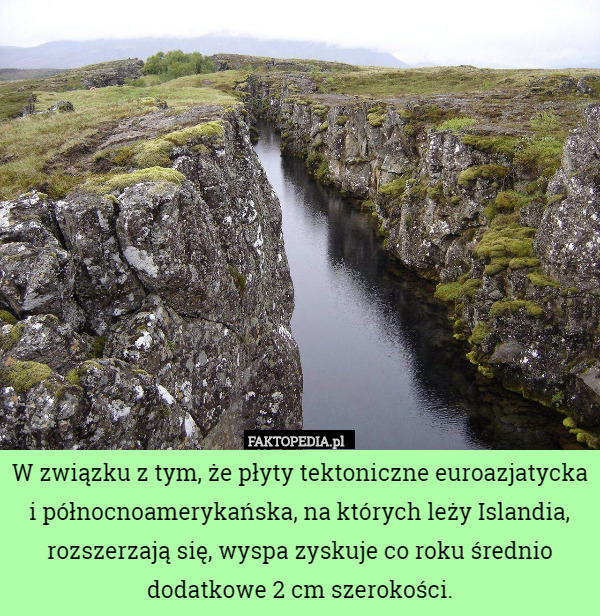 W związku z tym, że płyty tektoniczne euroazjatycka
i północnoamerykańska, na których leży Islandia, rozszerzają się, wyspa zyskuje co roku średnio dodatkowe 2 cm szerokości. 