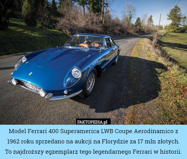 Model Ferrari 400 Superamerica LWB Coupe Aerodinamico z 1962 roku sprzedano na aukcji na Florydzie za 17 mln złotych. To najdroższy egzemplarz tego legendarnego Ferrari w historii. 