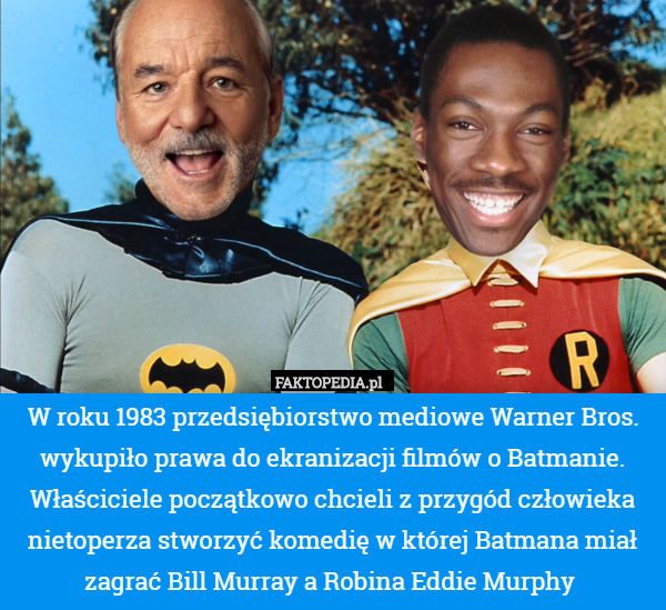 W roku 1983 przedsiębiorstwo mediowe Warner Bros. wykupiło prawa do ekranizacji filmów o Batmanie. Właściciele początkowo chcieli z przygód człowieka nietoperza stworzyć komedię w której Batmana miał zagrać Bill Murray a Robina Eddie Murphy 