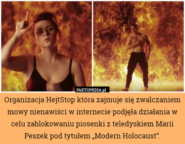 Organizacja HejtStop która zajmuje się zwalczaniem mowy nienawiści w internecie podjęła działania w celu zablokowaniu piosenki z teledyskiem Marii Peszek pod tytułem „Modern Holocaust”. 