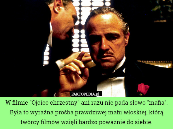 W filmie "Ojciec chrzestny" ani razu nie pada słowo "mafia". Była to wyraźna prośba prawdziwej mafii włoskiej, którą twórcy filmów wzięli bardzo poważnie do siebie. 