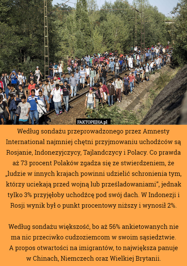 Według sondażu przeprowadzonego przez Amnesty International najmniej chętni przyjmowaniu uchodźców są Rosjanie, Indonezyjczycy, Tajlandczycy i Polacy. Co prawda aż 73 procent Polaków zgadza się ze stwierdzeniem, że „ludzie w innych krajach powinni udzielić schronienia tym, którzy uciekają przed wojną lub prześladowaniami”, jednak tylko 3% przyjęłoby uchodźcę pod swój dach. W Indonezji i Rosji wynik był o punkt procentowy niższy i wynosił 2%.

Według sondażu większość, bo aż 56% ankietowanych nie ma nic przeciwko cudzoziemcom w swoim sąsiedztwie.
 A propos otwartości na imigrantów, to największa panuje
 w Chinach, Niemczech oraz Wielkiej Brytanii. 