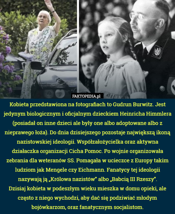 Kobieta przedstawiona na fotografiach to Gudrun Burwitz. Jest jedynym biologicznym i oficjalnym dzieckiem Heinricha Himmlera (posiadał on inne dzieci ale były one albo adoptowane albo z nieprawego łoża). Do dnia dzisiejszego pozostaje największą ikoną nazistowskiej ideologii. Współzałożycielka oraz aktywna działaczka organizacji Cicha Pomoc. Po wojnie organizowała zebrania dla weteranów SS. Pomagała w ucieczce z Europy takim ludziom jak Mengele czy Eichmann. Fanatycy tej ideologii nazywają ją „Królowa nazistów” albo „Babcią III Rzeszy”.
 Dzisiaj kobieta w podeszłym wieku mieszka w domu opieki, ale często z niego wychodzi, aby dać się podziwiać młodym bojówkarzom, oraz fanatycznym socjalistom. 