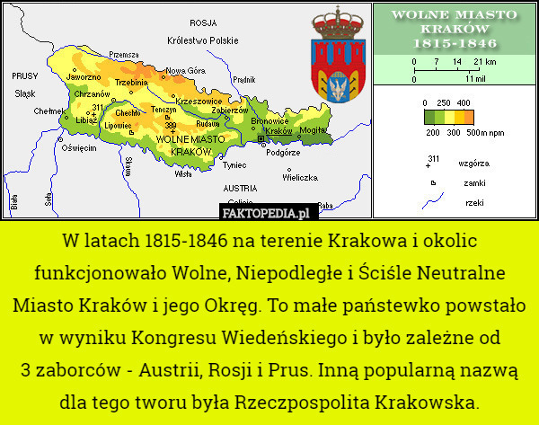 W latach 1815-1846 na terenie Krakowa i okolic funkcjonowało Wolne, Niepodległe i Ściśle Neutralne Miasto Kraków i jego Okręg. To małe państewko powstało w wyniku Kongresu Wiedeńskiego i było zależne od
 3 zaborców - Austrii, Rosji i Prus. Inną popularną nazwą dla tego tworu była Rzeczpospolita Krakowska. 
