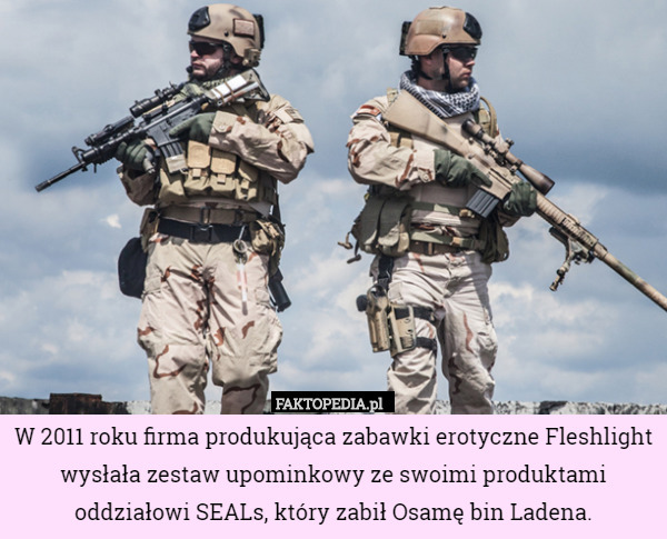 W 2011 roku firma produkująca zabawki erotyczne Fleshlight wysłała zestaw upominkowy ze swoimi produktami oddziałowi SEALs, który zabił Osamę bin Ladena. 