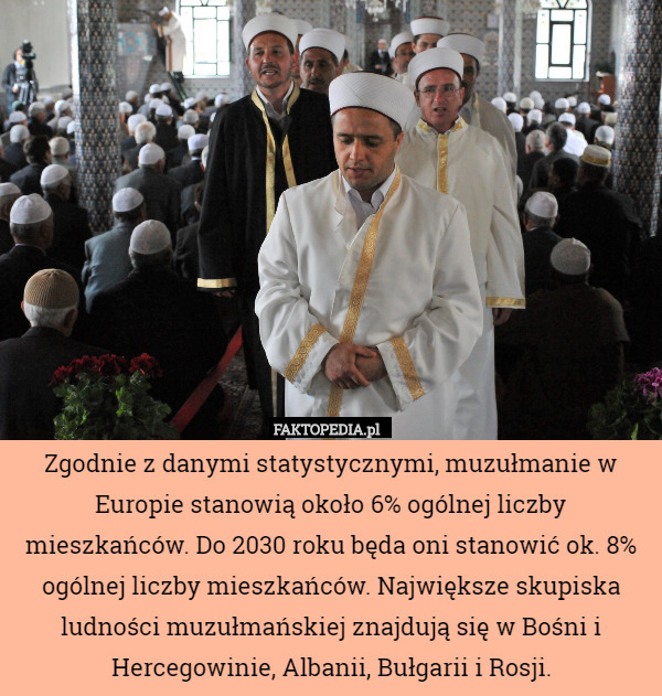 Zgodnie z danymi statystycznymi, muzułmanie w Europie stanowią około 6% ogólnej liczby mieszkańców. Do 2030 roku będa oni stanowić ok. 8% ogólnej liczby mieszkańców. Największe skupiska ludności muzułmańskiej znajdują się w Bośni i Hercegowinie, Albanii, Bułgarii i Rosji. 