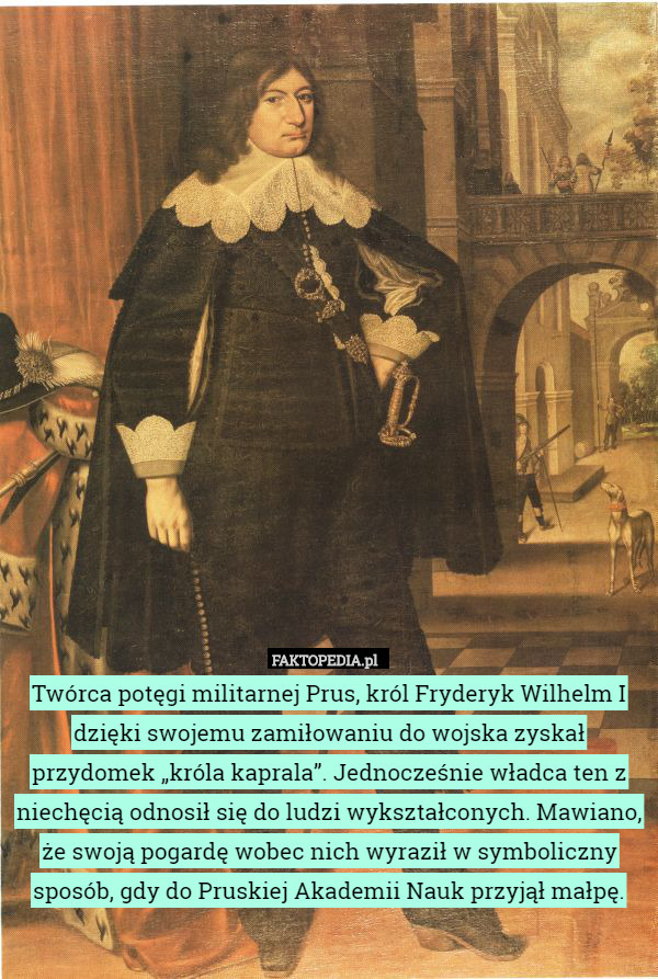 Twórca potęgi militarnej Prus, król Fryderyk Wilhelm I dzięki swojemu zamiłowaniu do wojska zyskał przydomek „króla kaprala”. Jednocześnie władca ten z niechęcią odnosił się do ludzi wykształconych. Mawiano, że swoją pogardę wobec nich wyraził w symboliczny sposób, gdy do Pruskiej Akademii Nauk przyjął małpę. 