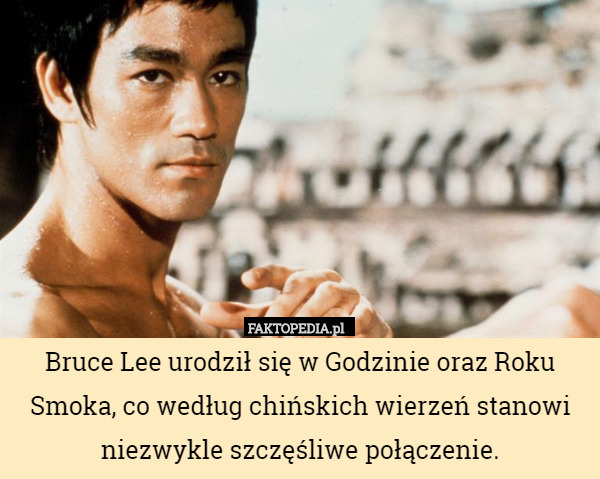 Bruce Lee urodził się w Godzinie oraz Roku Smoka, co według chińskich wierzeń stanowi niezwykle szczęśliwe połączenie. 