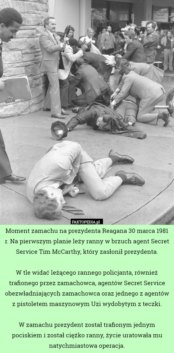 Moment zamachu na prezydenta Reagana 30 marca 1981 r. Na pierwszym planie leży ranny w brzuch agent Secret Service Tim McCarthy, który zasłonił prezydenta.

W tle widać leżącego rannego policjanta, również trafionego przez zamachowca, agentów Secret Service obezwładniających zamachowca oraz jednego z agentów z pistoletem maszynowym Uzi wydobytym z teczki.

W zamachu prezydent został trafionym jednym pociskiem i został ciężko ranny, życie uratowała mu natychmiastowa operacja. 