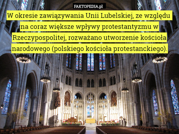 W okresie zawiązywania Unii Lubelskiej, ze względu  na coraz większe wpływy protestantyzmu w Rzeczypospolitej, rozważano utworzenie kościoła narodowego (polskiego kościoła protestanckiego). 