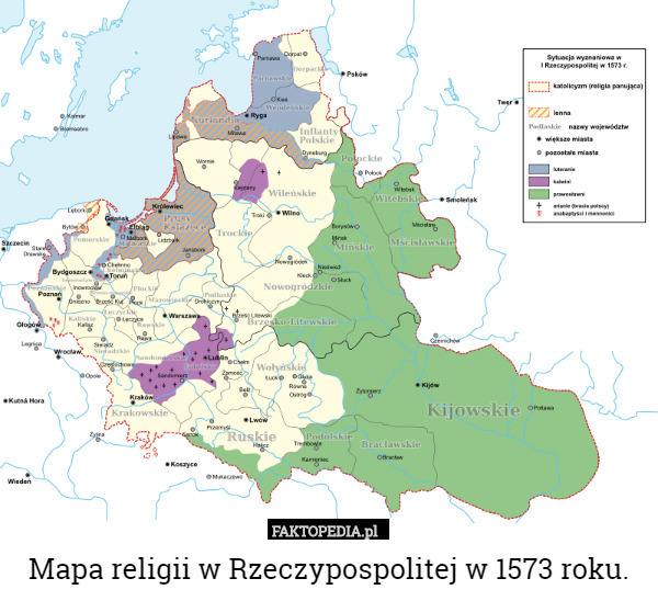 Mapa religii w Rzeczypospolitej w 1573 roku. 