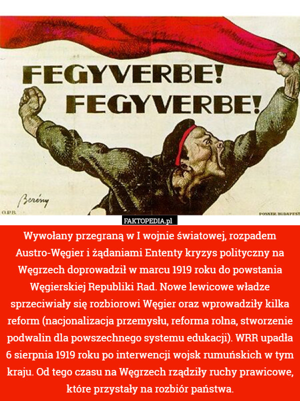 Wywołany przegraną w I wojnie światowej, rozpadem Austro-Węgier i żądaniami Ententy kryzys polityczny na Węgrzech doprowadził w marcu 1919 roku do powstania Węgierskiej Republiki Rad. Nowe lewicowe władze sprzeciwiały się rozbiorowi Węgier oraz wprowadziły kilka reform (nacjonalizacja przemysłu, reforma rolna, stworzenie podwalin dla powszechnego systemu edukacji). WRR upadła 6 sierpnia 1919 roku po interwencji wojsk rumuńskich w tym kraju. Od tego czasu na Węgrzech rządziły ruchy prawicowe, które przystały na rozbiór państwa. 