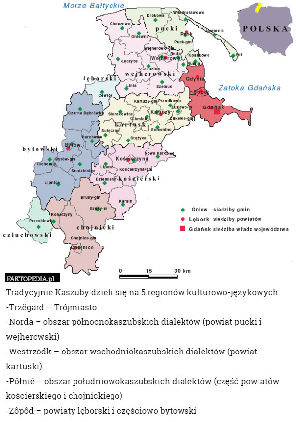 Tradycyjnie Kaszuby dzieli się na 5 regionów kulturowo-językowych:
-Trzëgard – Trójmiasto
-Norda – obszar północnokaszubskich dialektów (powiat pucki i wejherowski)
-Westrzódk – obszar wschodniokaszubskich dialektów (powiat kartuski)
-Pôłnié – obszar południowokaszubskich dialektów (część powiatów kościerskiego i chojnickiego)
-Zôpôd – powiaty lęborski i częściowo bytowski 