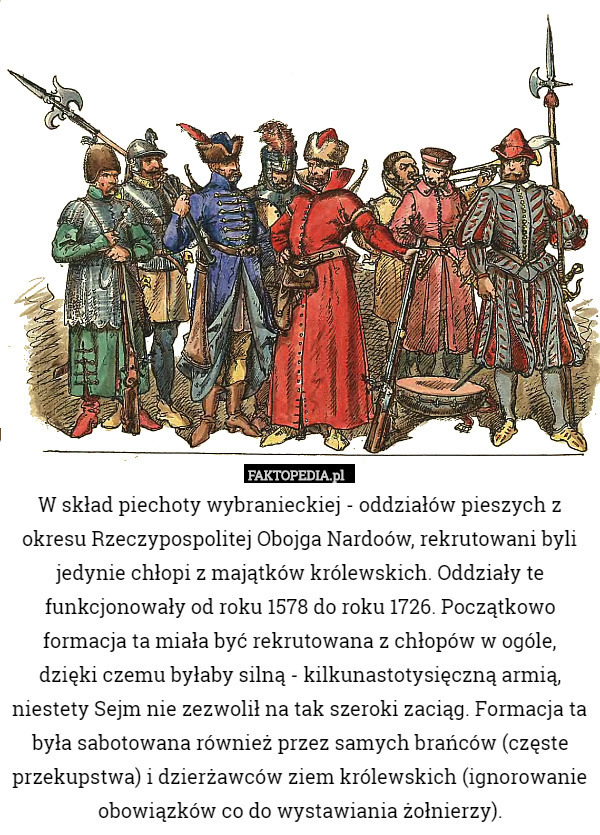 W skład piechoty wybranieckiej - oddziałów pieszych z okresu Rzeczypospolitej Obojga Nardoów, rekrutowani byli jedynie chłopi z majątków królewskich. Oddziały te funkcjonowały od roku 1578 do roku 1726. Początkowo formacja ta miała być rekrutowana z chłopów w ogóle, dzięki czemu byłaby silną - kilkunastotysięczną armią, niestety Sejm nie zezwolił na tak szeroki zaciąg. Formacja ta była sabotowana również przez samych brańców (częste przekupstwa) i dzierżawców ziem królewskich (ignorowanie obowiązków co do wystawiania żołnierzy). 