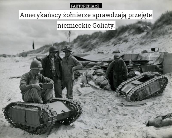 Amerykańscy żołnierze sprawdzają przejęte niemieckie Goliaty. 