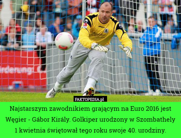 Najstarszym zawodnikiem grającym na Euro 2016 jest Węgier - Gábor Király. Golkiper urodzony w Szombathely 1 kwietnia świętował tego roku swoje 40. urodziny. 