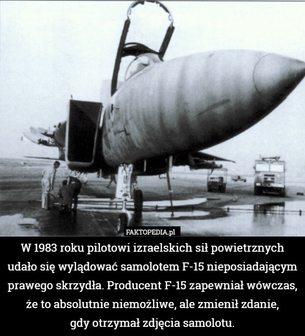 W 1983 roku pilotowi izraelskich sił powietrznych udało się wylądować samolotem F-15 nieposiadającym prawego skrzydła. Producent F-15 zapewniał wówczas, że to absolutnie niemożliwe, ale zmienił zdanie,
 gdy otrzymał zdjęcia samolotu. 