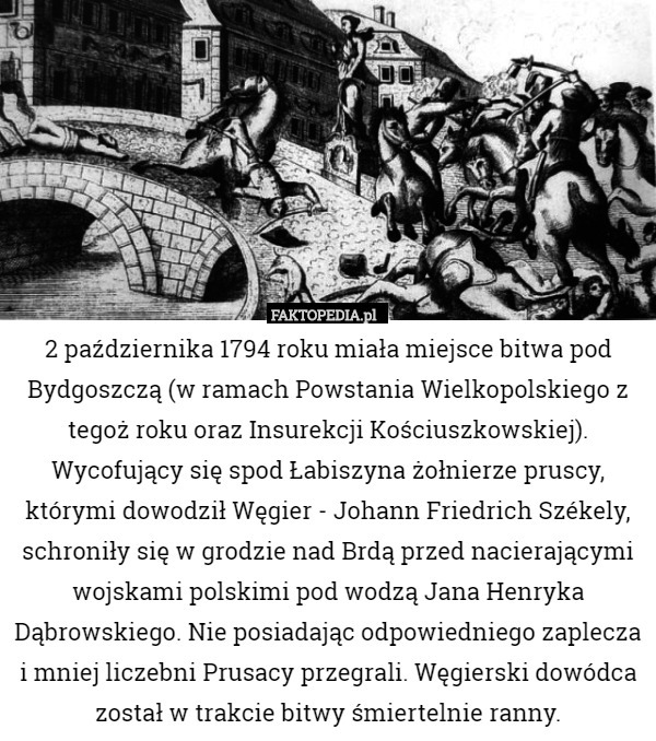 2 października 1794 roku miała miejsce bitwa pod Bydgoszczą (w ramach Powstania Wielkopolskiego z tegoż roku oraz Insurekcji Kościuszkowskiej). Wycofujący się spod Łabiszyna żołnierze pruscy, którymi dowodził Węgier - Johann Friedrich Székely, schroniły się w grodzie nad Brdą przed nacierającymi wojskami polskimi pod wodzą Jana Henryka Dąbrowskiego. Nie posiadając odpowiedniego zaplecza i mniej liczebni Prusacy przegrali. Węgierski dowódca został w trakcie bitwy śmiertelnie ranny. 