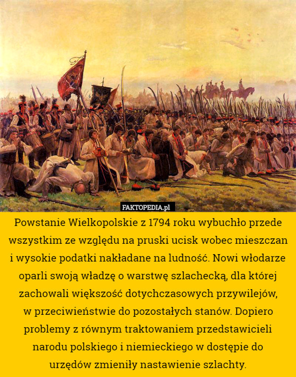 Powstanie Wielkopolskie z 1794 roku wybuchło przede wszystkim ze względu na pruski ucisk wobec mieszczan i wysokie podatki nakładane na ludność. Nowi włodarze oparli swoją władzę o warstwę szlachecką, dla której zachowali większość dotychczasowych przywilejów,
 w przeciwieństwie do pozostałych stanów. Dopiero problemy z równym traktowaniem przedstawicieli narodu polskiego i niemieckiego w dostępie do
 urzędów zmieniły nastawienie szlachty. 