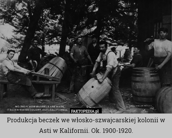 Produkcja beczek we włosko-szwajcarskiej kolonii w Asti w Kalifornii. Ok. 1900-1920. 
