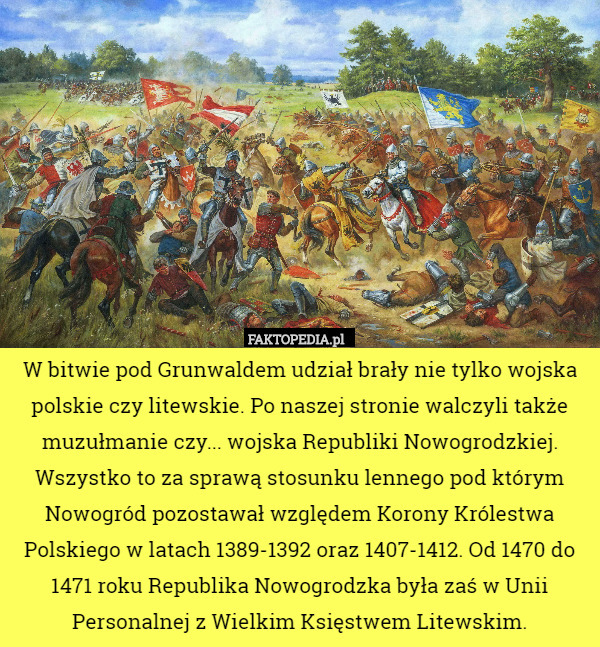 W bitwie pod Grunwaldem udział brały nie tylko wojska polskie czy litewskie. Po naszej stronie walczyli także muzułmanie czy... wojska Republiki Nowogrodzkiej. Wszystko to za sprawą stosunku lennego pod którym Nowogród pozostawał względem Korony Królestwa Polskiego w latach 1389-1392 oraz 1407-1412. Od 1470 do 1471 roku Republika Nowogrodzka była zaś w Unii Personalnej z Wielkim Księstwem Litewskim. 