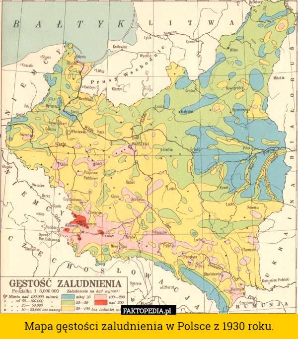 Mapa gęstości zaludnienia w Polsce z 1930 roku. 