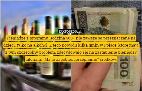 Pieniądze z programu Rodzina 500+ nie zawsze są przeznaczane na dzieci, tylko na alkohol. Z tego powodu kilka gmin w Polsce, które mają z tym szczególny problem, zdecydowało się na zastąpienie pieniędzy talonami. Ma to zapobiec „przepijaniu” środków. 