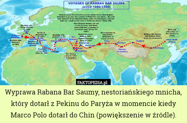 Wyprawa Rabana Bar Saumy, nestoriańskiego mnicha, który dotarł z Pekinu do Paryża w momencie kiedy Marco Polo dotarł do Chin (powiększenie w źródle). 
