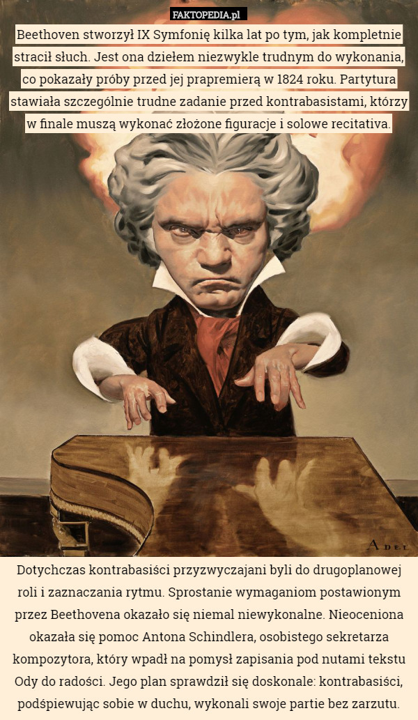 Beethoven stworzył IX Symfonię kilka lat po tym, jak kompletnie stracił słuch. Jest ona dziełem niezwykle trudnym do wykonania, co pokazały próby przed jej prapremierą w 1824 roku. Partytura stawiała szczególnie trudne zadanie przed kontrabasistami, którzy w finale muszą wykonać złożone figuracje i solowe recitativa.



















Dotychczas kontrabasiści przyzwyczajani byli do drugoplanowej roli i zaznaczania rytmu. Sprostanie wymaganiom postawionym przez Beethovena okazało się niemal niewykonalne. Nieoceniona okazała się pomoc Antona Schindlera, osobistego sekretarza kompozytora, który wpadł na pomysł zapisania pod nutami tekstu Ody do radości. Jego plan sprawdził się doskonale: kontrabasiści, podśpiewując sobie w duchu, wykonali swoje partie bez zarzutu. 